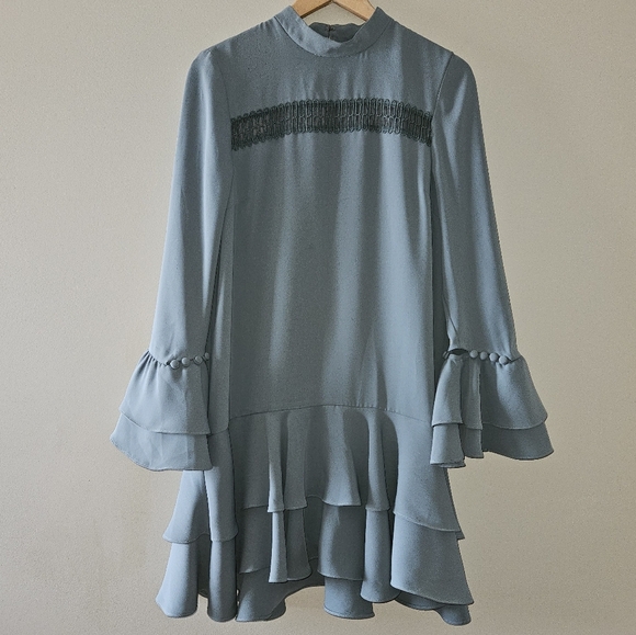 Prose & Poetry Marcel Feminine Cutout Long Sleeve Ruffle Mini Sage Dress Size M. - Picture 4 of 10
